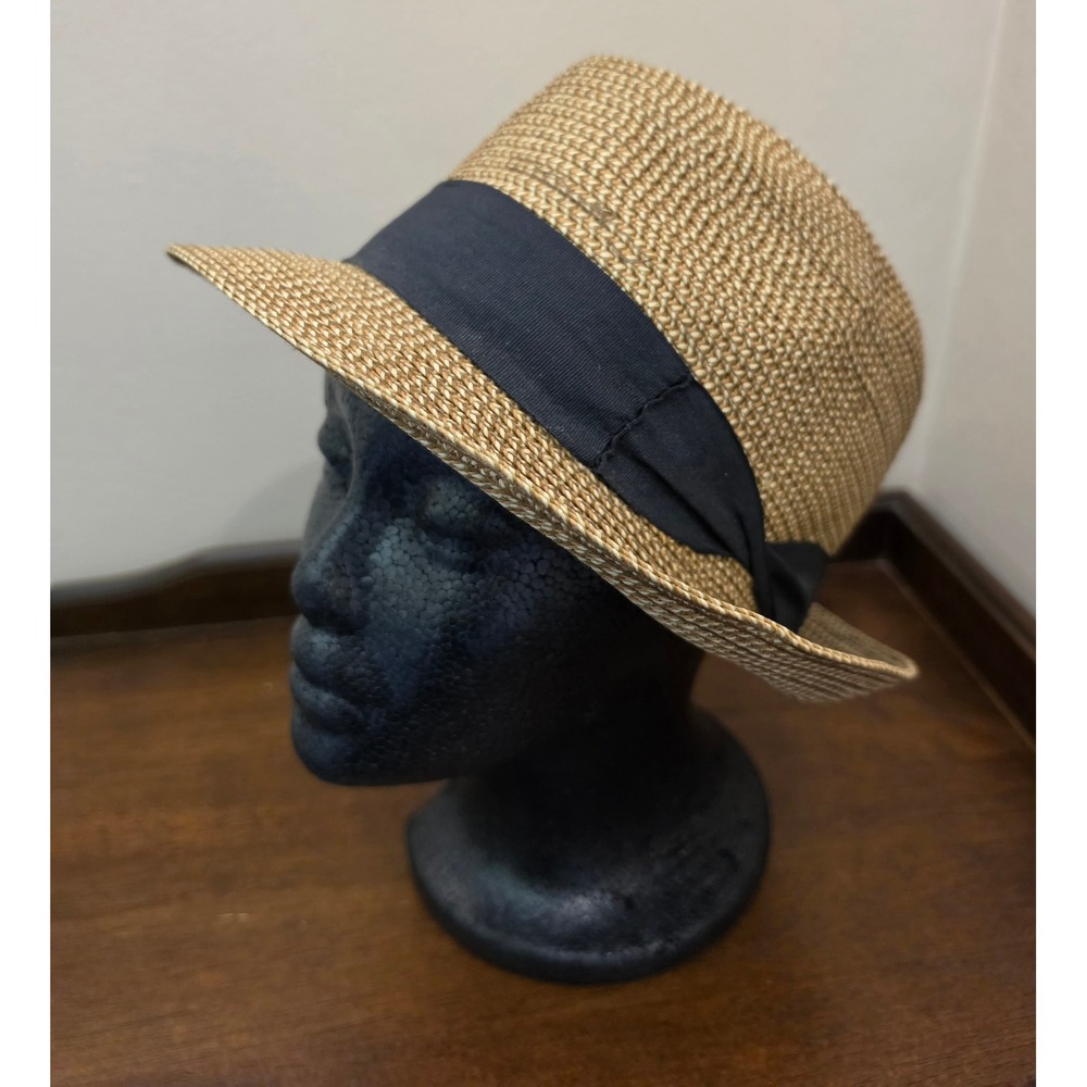 D&Y Straw Fedora Hat Tan Woven Paper Navy Blue Ribbon Band WFD3312 OSFM